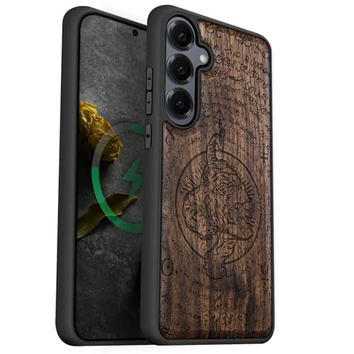 Étui Galaxy S25 Plus antichoc Magsafe en bois véritable gravé Tigre