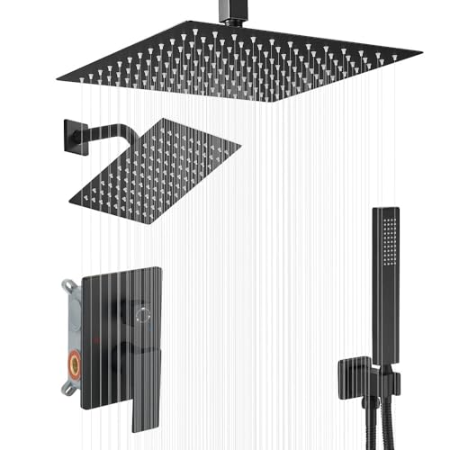 Sistema de Ducha Grifería Negra Mate con Ducha de Mano, Cabezal de Ducha de Techo de 12 Pulgadas y Cabezal de Ducha de Pared de 6 Pulgadas miniatura 1