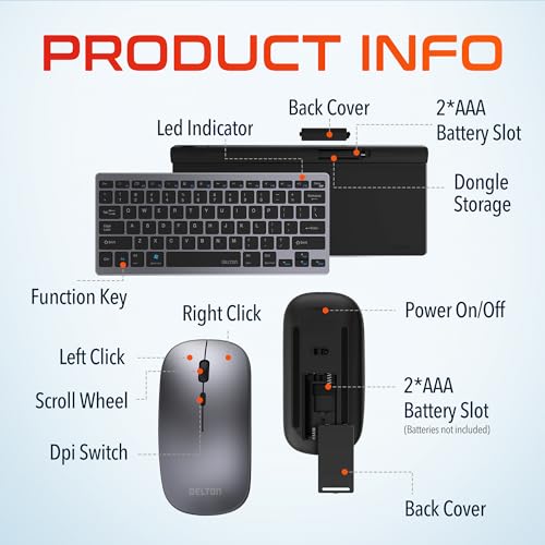 Delton N35 Portable/Travel/Small Wireless Keyboard and Mouse Combo - Bluetooth & 2.4GHz, 3 Adjustable DPI (800/1200/1600), Compatible with PCs, laptops, macOS, and iOS - Black - Image 6