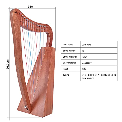 AKLOT Harp 15 Strings Mahogany Harp 22 Inch Height for Adult Kids Beginner with Tuning Wrench Black Gig Bag Strap Spare International Standard Strings