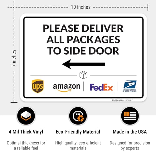 Image of Package Delivery Sign, Delivery Instructions Deliver All Package to Side Door Left Arrow Sign, 10x7 Inches, 4 Mil Vinyl Decal Stickers Weather Resistant, Made in USA