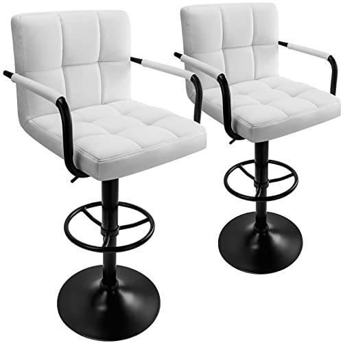 Huracan Bar Stools Set of 2 Bar Chairs with Arms White Bar Stool with Back Swivel barstools Counter Height Stools Adjustable Bar Chair Armrest Modern Island Chairs for Kitchen(White+Black Base, 2pcs