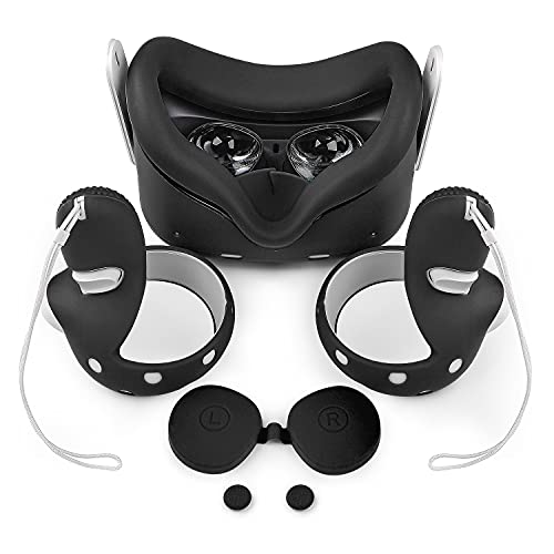 Oculus Quest 2 Accessories, Colohas VR Cover with Front Face Protector Cover, Protective Lens Cover, Touch Controller Grips Cover, Silicone Face Cover Sweat Guard Anti-Leakage Pad (Black)
