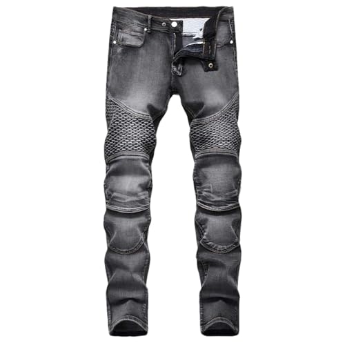 Hndudnff Men's Casual Motorcycle Patchwork Jeans Slim Stretch Straight Hip Hop Cycling Denim Pants