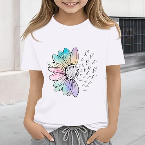 Girls Loose Fit Sunflower Graphic T Shirts Short Sleeve Crewneck Cute Pattern Printed Tops Kids (A-White, 10-11 Years)4