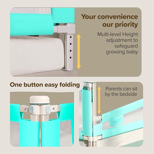 Image of LuvLap Bed Alloy Steel Rail Guard for Baby /Kids Safety, 180cm x 72 cm(6ft x 2.3ft), Portable & Foldable, Baby Safety Essential, Adjustable Height, fits All Bed Sizes (Green - Without Print)