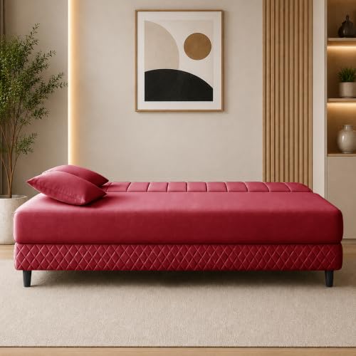 Image of Rosebell Modern 3 Seater Velvet Sofa Cum Bed with Cushion | Premium Upholstered Fabric | Tufted Backrest | Wooden Legs | Living Room Furniture | Red