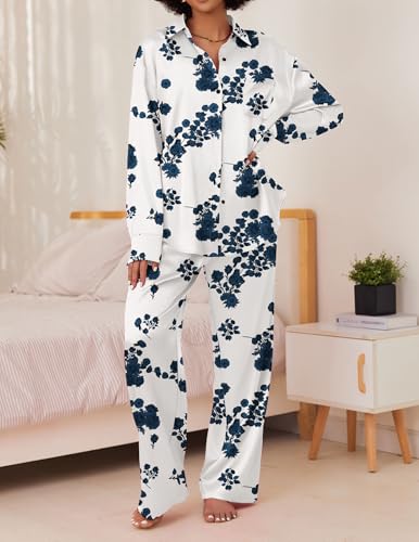 Ekouaer Womens Satin Silky Pajama Set 2 Piece Print PJs Soft Loungewear Button Down Sleepwear with Elastic Waist Long Pants