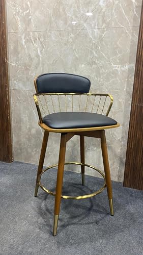 Creative Bar Stool with Gold Accents, Walnut Wood Frame, Black Leather Cushion, Wire Back Design, Contemporary Counter Height Chair (Pack of 1)