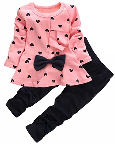 Kids Long Sleeves Cute Heart Pattern T Shirt Tops with Bow Tie + Pants Set 2 Pieces Outfit For Toddler Baby & Little Girls, Pink, Age 18-24 Months = Tag 90