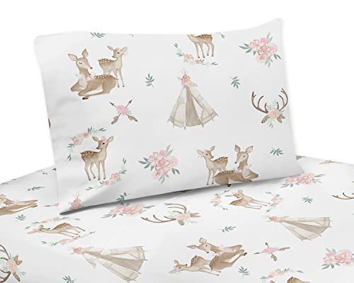 Sweet Jojo Designs Blush Pink, Mint Green and White Boho Twin Sheet Set for Woodland Deer Floral Collection - 3 Piece Set