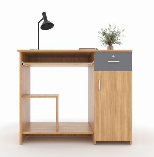 Image of 45x90x76CM Engineered Wood Study & Office Table with Drawer, Cabinet Storage & Keyboard Tray | Sturdy, Foldable DIY Multipurpose Table- Urban Teak with Grey