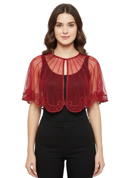 jedco Women's Elegant Poucho Mesh Cape Shrug with Embroidery, Red-picture-46