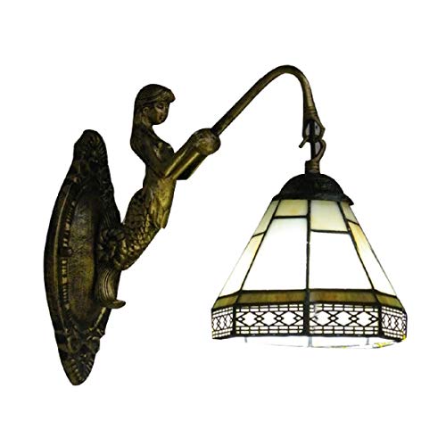 XINDAR Tiffany Wall Sconce Lamp, 9 Inches Glass Mirror Front Light Fixture Bedroom Beside Wall Light with Mermaid Lamp Arm (Green)