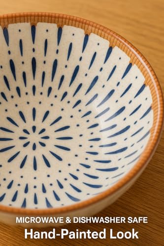 Image of YELONA Japanese Ceramic Dinnerware Set of 4 - (2 Bowls + 2 Plates) | Droplet Design | 300ml Bowls (11.5cm), 8-Inch Plates (20.5cm) | Microwave & Dishwasher Safe | Elegant Blue & Orange Glazed Finish