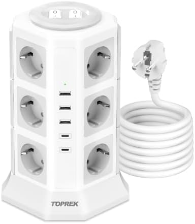TOPREK Mehrfachsteckdose 12 Fach, mit Überspannungsschutz USB C Schalter | Steckdosenturm 3680W/16A Steckdosenwürfel Steckdosenleiste Verteilersteckdose für Büro Küche, 2m Schwarz
