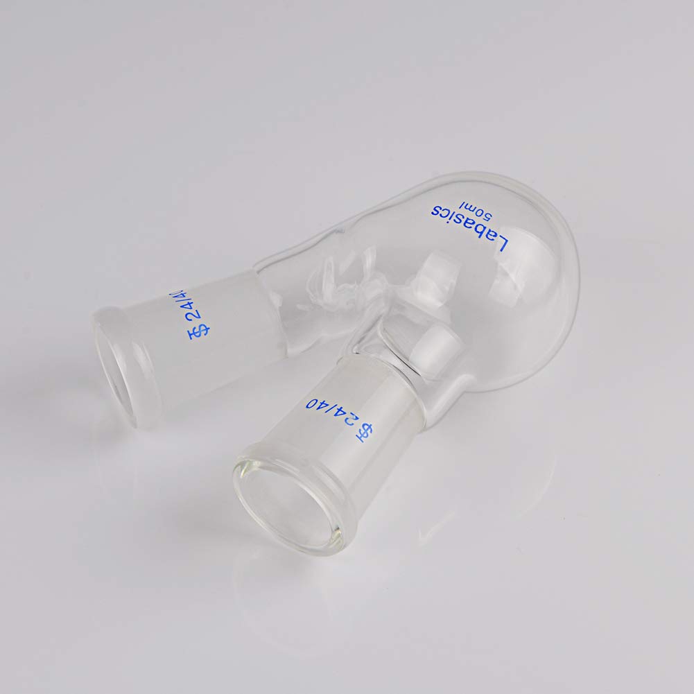 Labasics Vidrio 50ml RBF Matraz de Fondo Redondo con 2 Cuellos de Ángulos, 2 Neck Round Bottom Flask con Junta Exterior 24/40 Central y Lateral Estándar - 50ml