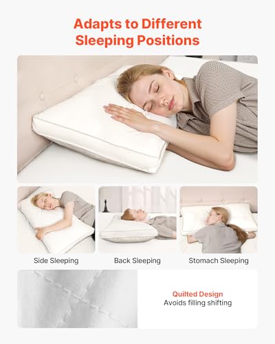 Image of VEVOR Bedding Bed Pillows for Sleeping Queen Size (White), Set of 2, Luxury Quality Hotel Pillows with Original Down Alternative Filling, Hotel Quality, Bedding for Back, Stomach or Side Sleepers