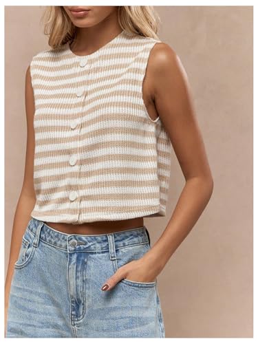 GORGLITTER Women's Striped Button Down Knitted Vest Crew Neck Sleeveless Cropped Sweater Vests3