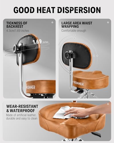 Donner Drum Throne with Backrest, Heavy Duty Hydraulic Drum Stool Height Adjustable Motorcycle Style Drum Seat Saddle Drum Throne for Adults Drummers (Brown)