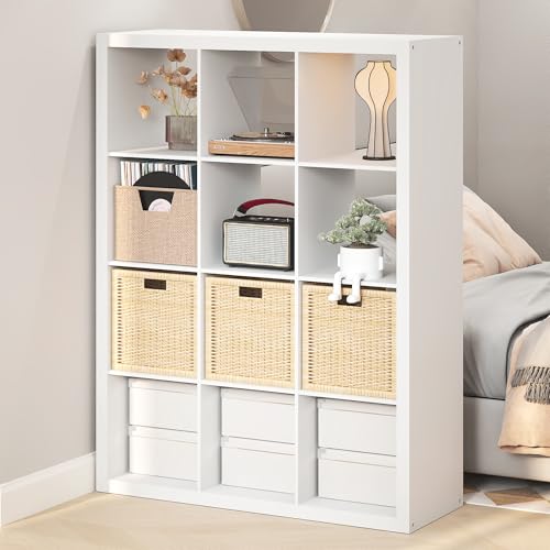 Image of Furinno Cubicle Record Player Stand, 12-Cube Vinyl Record Storage, White | Vinyl Storage, 1.68 inchInch Triple Thick, Open Back Media Shelf for CD DVD Bluray Game Disc, for Living Room, Home Office