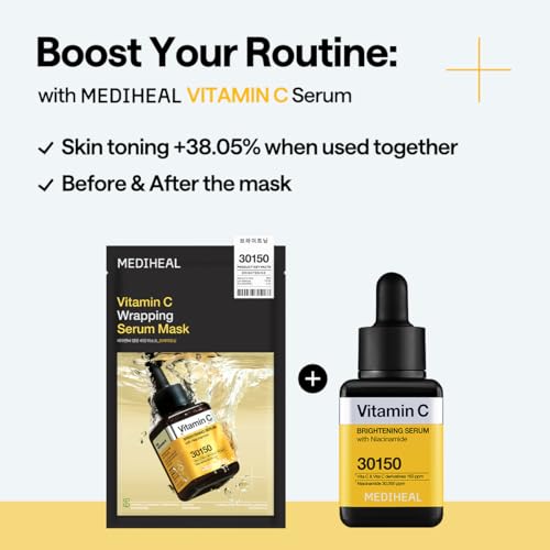 Image of MEDIHEAL Wrapping Serum Mask [Vitamin C] - Contains 98% Pure Vitamin C & Niacinamide for Glow Boosting - Helps Improve Radiance for Dull Skin & Evens Out Skin Tone - Provides Healthy Glow (10 Sheets)