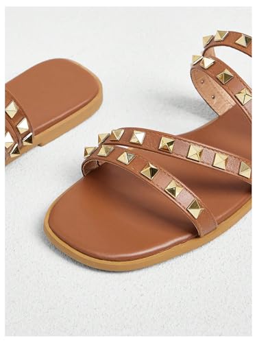 OYOANGLE Women's Studded Strappy Leather Slide Sandals Square Open Toe Slip on Flat Sandal3