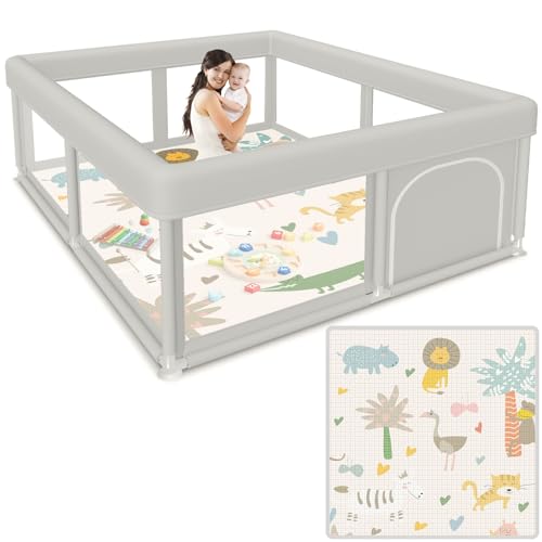 Image of besuhot Baby Playpen 50x50 Inch Baby Playpen with Mat, Play Pen for Babies and Toddlers, Playard with Gate, Sturdy Safety Fence, Indoor & Outdoor Kids Activity Center