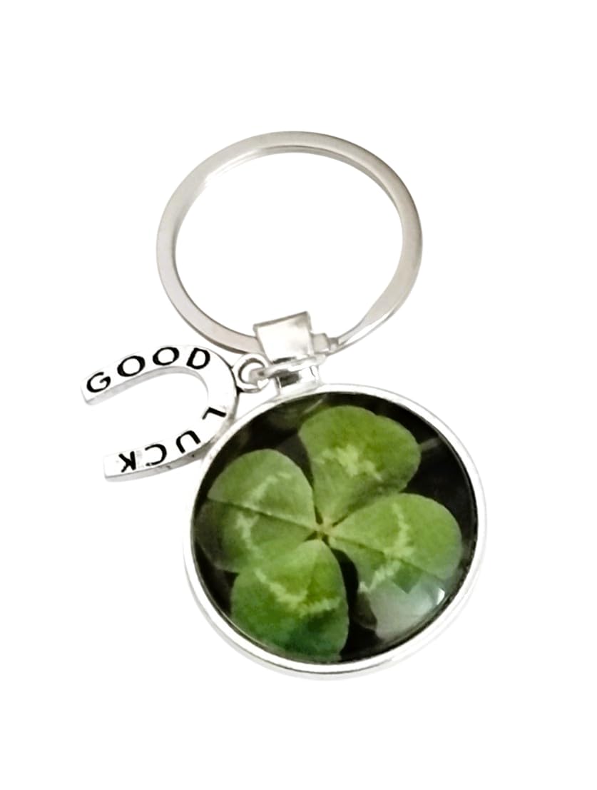 Chic Cottage Crafts Good Luck Four Leaf Clover Shamrock Keyring With Horseshoe Charm. New home job Keychain Gift