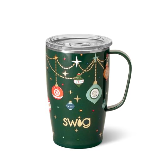 Swig Life 18oz Travel Mug, Insulated Tumbler with Handle and Lid, Cup Holder Friendly, Dishwasher Safe, Stainless Steel, Travel Coffee Cup (Deck The Halls)