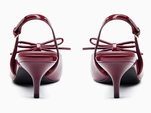 Coutgo Womens Bow Slingback Heels Low Kitten Heel Pumps Closed Pointed Toe Party Wedding Dress Shoes, Red, Size 9.5 — view 6