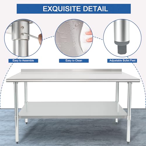 Image of HARDURA Stainless Steel Prep & Work Table 30 x 72 Inches NSF Heavy Duty Commercial with Undershelf and Backsplash, Galvanized Legs for Commercial Food Prep