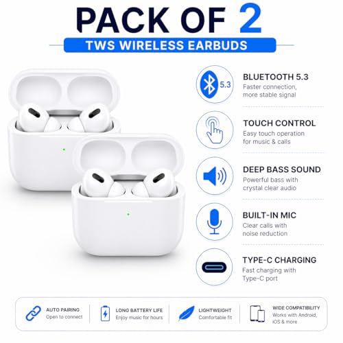 Image of TWS Earbuds with BT 5.3, Touch Control, Deep Bass, Mic, Type-C Charging, White (2)