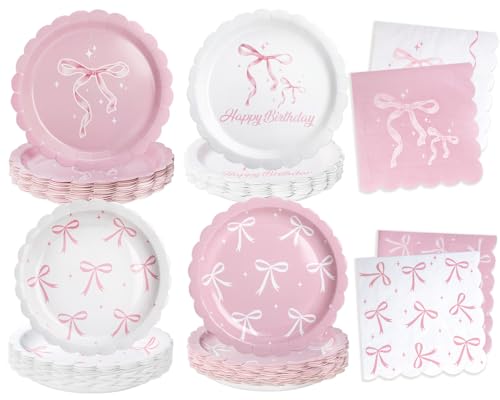 Kinovo 40 Pcs Pink Bow Plates and Napkins Tableware Sets for Bow Party Decorations Pink Bow Birthday Decorations Which Can Serve 20