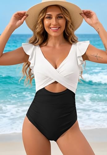 Image of B2prity One Piece Swimsuits for Women Ruffle Sleeve V Neck Bathing Suit Tummy Control Cutout Monokini Slimming Swimwear