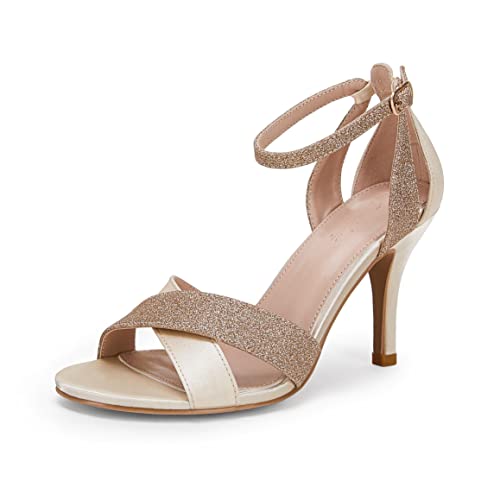 Piepiebuy Womens Mid Kitten Heel Sandals Glitter Strap Ankle Buckle Cut Out Back Wedding Dress Shoes #TOP19