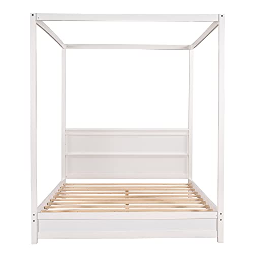Harper & Bright Designs Canopy Bed Frame Queen Size, Four-Poster Canopy Platform Bed Frame With Headboard, Wooden Queen Bed With Support Legs, Easy Assembly, No Box Spring Needed (White) #TOP5