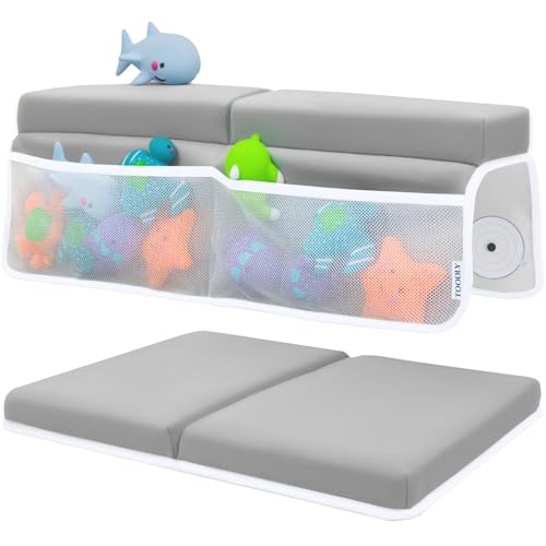 Image of Toodly Baby Bath Kneeler and Elbow Rest Pad Set - Baby Bath Support for Knees and Elbows - Bath Kneeler Pad with Memory Foam and Bath Toys Organizer - Ideal Bath Kneeling Pad for Bathing Baby - Grey
