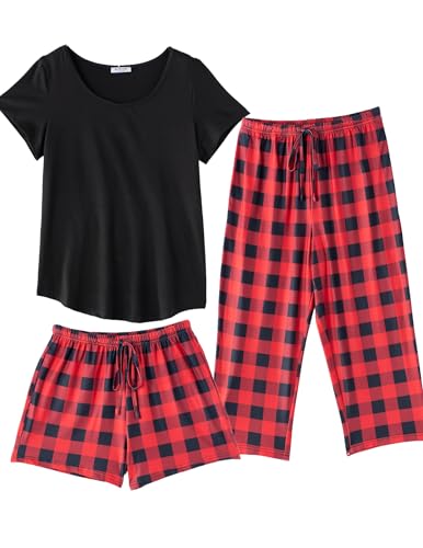 Image of Ekouaer 3 PCS Capri Pajamas for Women Set Short Sleeve Pajama Lounge Sets | Floral Pj Sets Top and Capri Pants Soft Comfy Sleepwear with Pockets for Home, Daily Wear for Mom, Wife, Grandmother