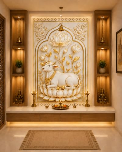 Image of Pichwai Cow Wallpaper for Mandir | Self-Adhesive Vinyl, Removable Marble Wall Sticker for Pooja Room & Temple