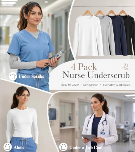 4 Pack Underscrub Long Sleeve Women, Scrub Undershirt Crew Neck Basic Tops - image 4