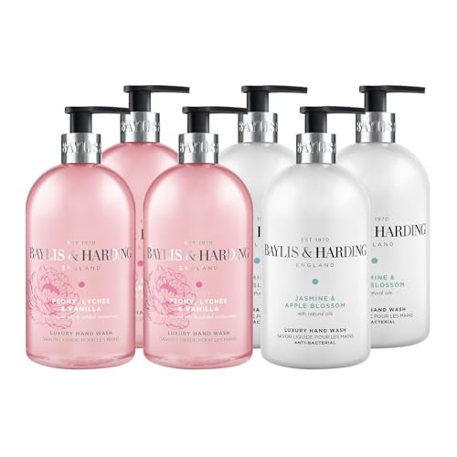 Baylis & Harding 6 x 500 ml Hand Wash Bundle: 3 x Anti-Bacterial Jasmine and Apple Blossom & 3 x Signature Peony, Lychee, Vanilla - Vegan Friendly