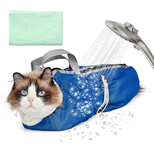 Pawfun Cat Bathing Bag Anti Scratch Bite Breathable Mesh- Cat Grooming Bag for Nail Trimming Injections Medication Dental Care Vet Visits Cats Shower Bag with Zippers Blue M