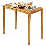 Tangkula Outdoor Acacia Wood Bar Table, 45” Rectangular Bar Height Farmhouse Rustic Dining Table with Slatted Tabletop, for Patio Porch Garden Deck, Teak Finish