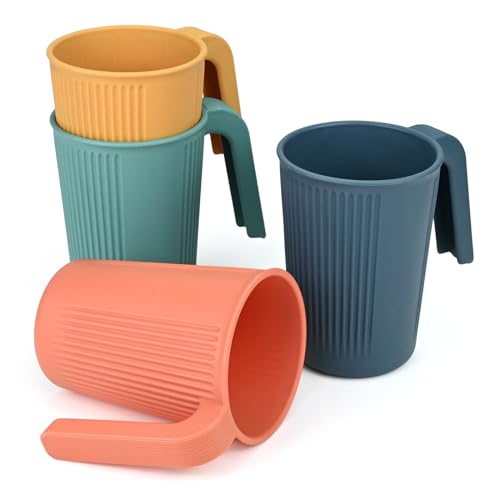 4Pcs Plastic Cups with Handles, 350ml Unbreakable Reusable Drinking Cups for Adults Kids Lightweight Picnic Cups, Tea, Milk, Juice,Coffee Cups, Heat and Cold Resistant, Dishwasher and Microwave Safety