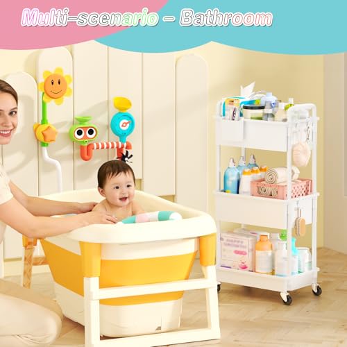 Image of SUNALLY Baby Diaper Caddy Cart, 3 Tier Rolling Diaper Cart with Lockable Wheels for Nursery Essentials, Large Capacity & Easy Assemble Diaper Storage Organizer for Newborn,New Mom, White