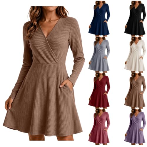 Rtdyvyuhb Long Sleeve Dress for Wedding Guest V Neck Ribbed Pleated 2026 Fall Sweater Dress Cute Casual Mini A Line Dresses Brown Small - image 1