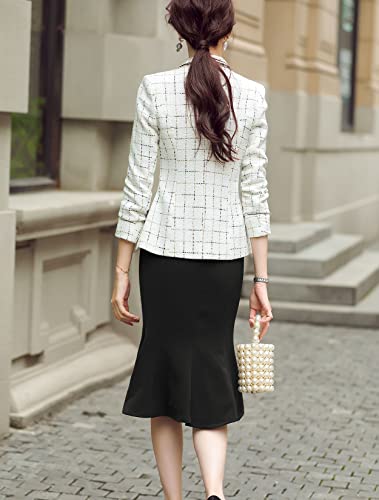 ebossy Women's Bordered Notched Lapel Plaid Blazer Suit Button Down Slim Elegant Houndstooth Checker Jacket Coat Crop Tops4