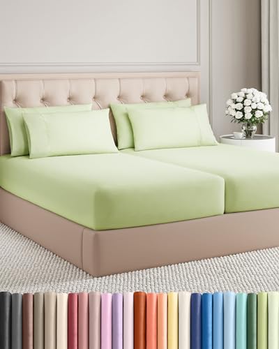 Image of Split King 7 Piece Bed Sheet Set - Breathable & Cooling - Light Sage Green | Ultra-Soft Hotel Luxury Bedding Set w / 8-16 Inch Deep Pockets, 1 Flat & 2 Fitted Sheet & 4 Pillowcases, Wrinkle & Fade Free