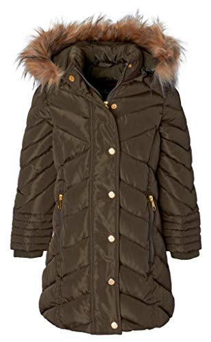 Sportoli Girls' Long Fleece Lined Heavy Quilt Puffer Coat with Deteachable Fur Trimmed Hood - Olive 7/8